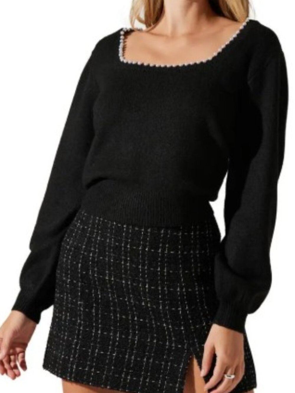 astr the label pearl trim square neck sweater puff sleeves black size M
